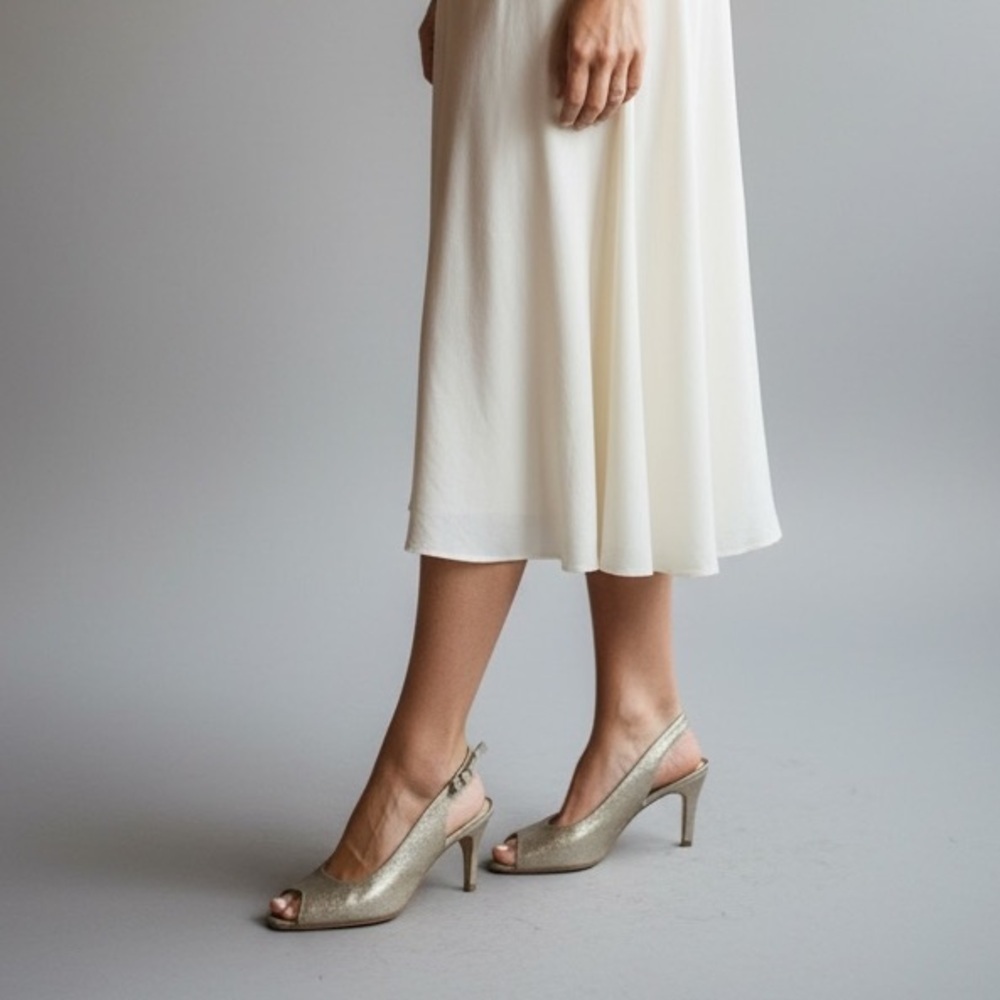 STUART WEITZMAN Metallic Peep-Toe Slingback Heels open toe high heel shoes pumps